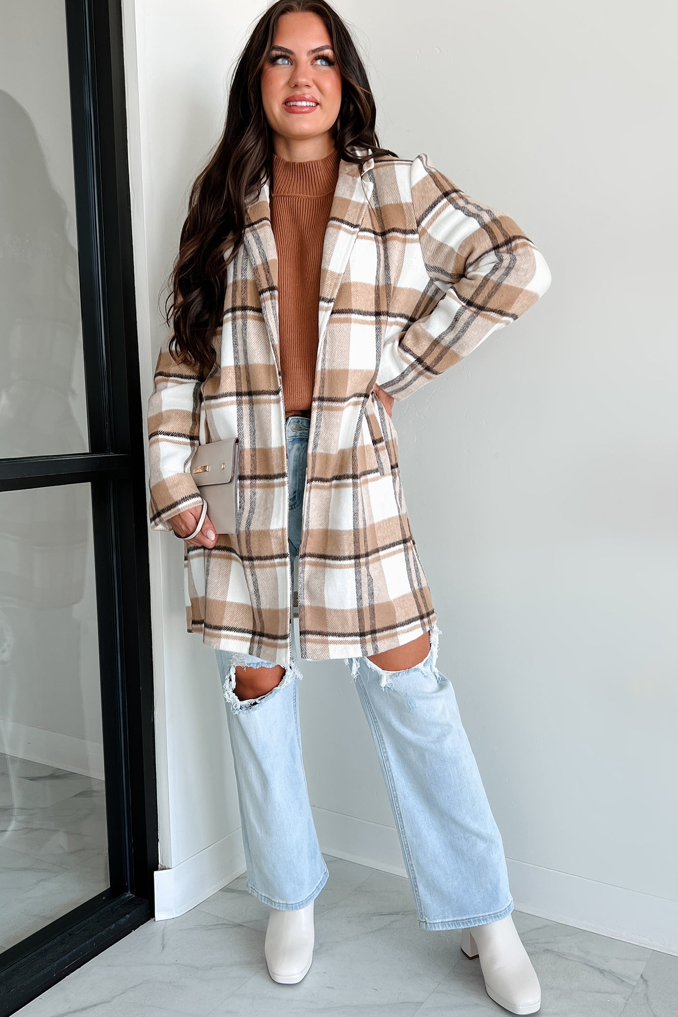 Dreaming Of More Open Front Plaid Coat (Camel) - NanaMacs