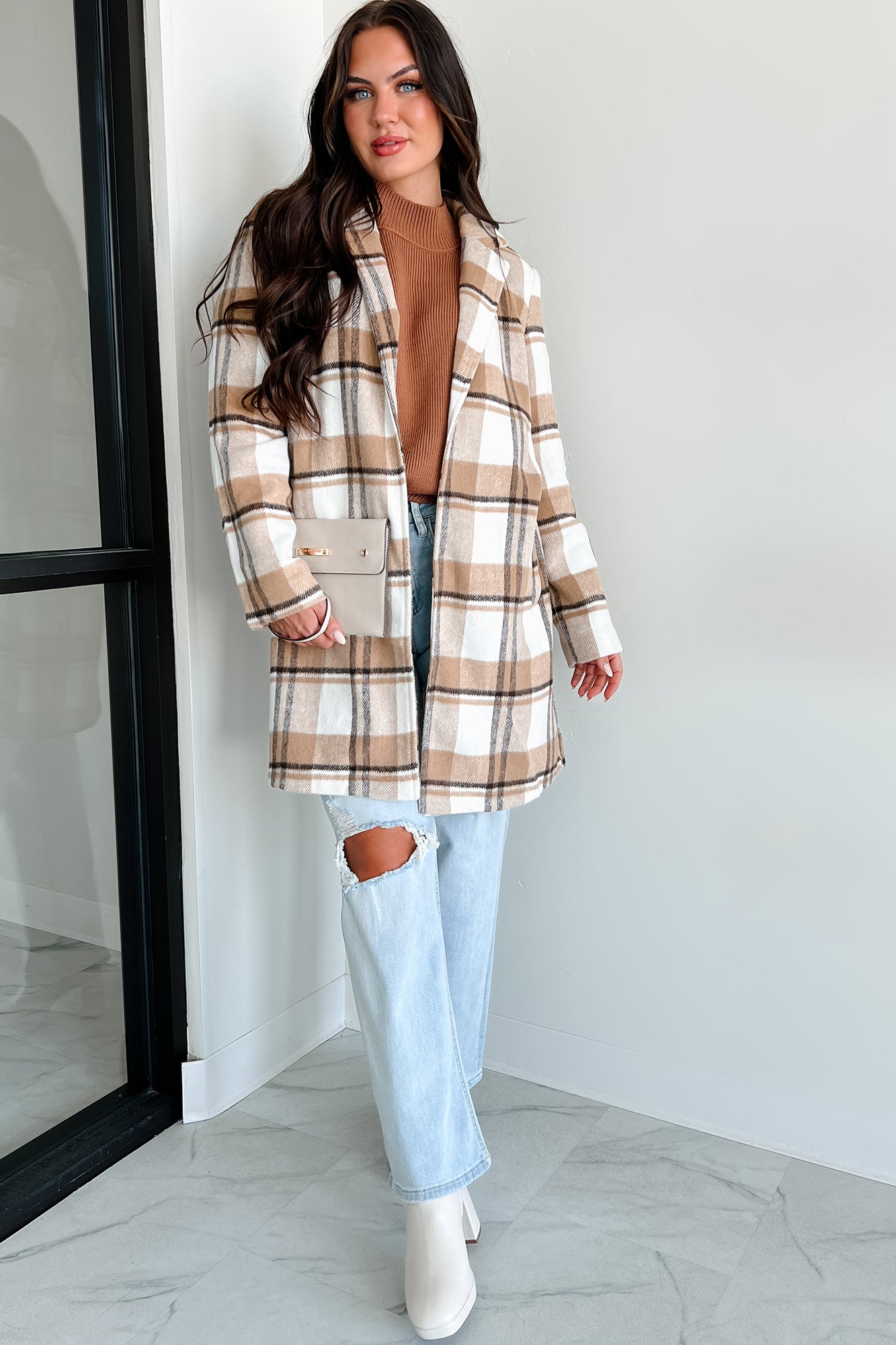 Dreaming Of More Open Front Plaid Coat (Camel) - NanaMacs