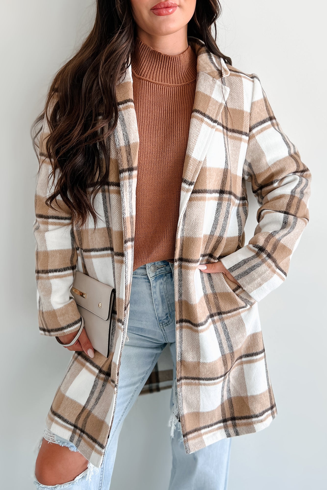 Dreaming Of More Open Front Plaid Coat Camel NanaMacs