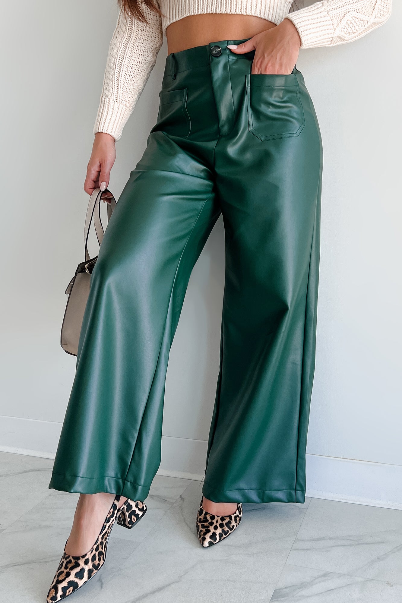 More Than Usual Wide-Leg Faux Leather Pant (Dark Green)