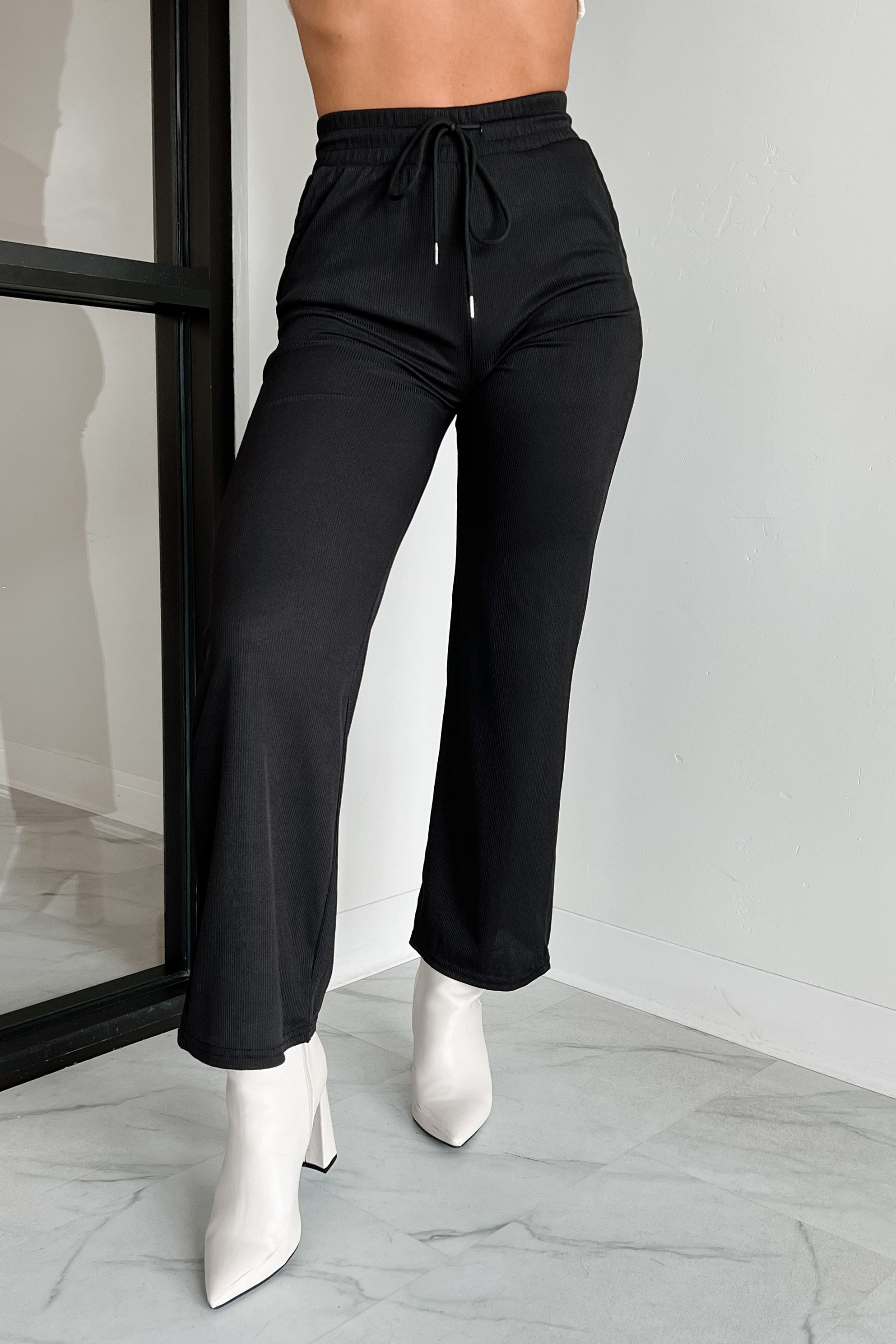 I'm Staying Put Wide Leg Drawstring Pants (Black) - NanaMacs