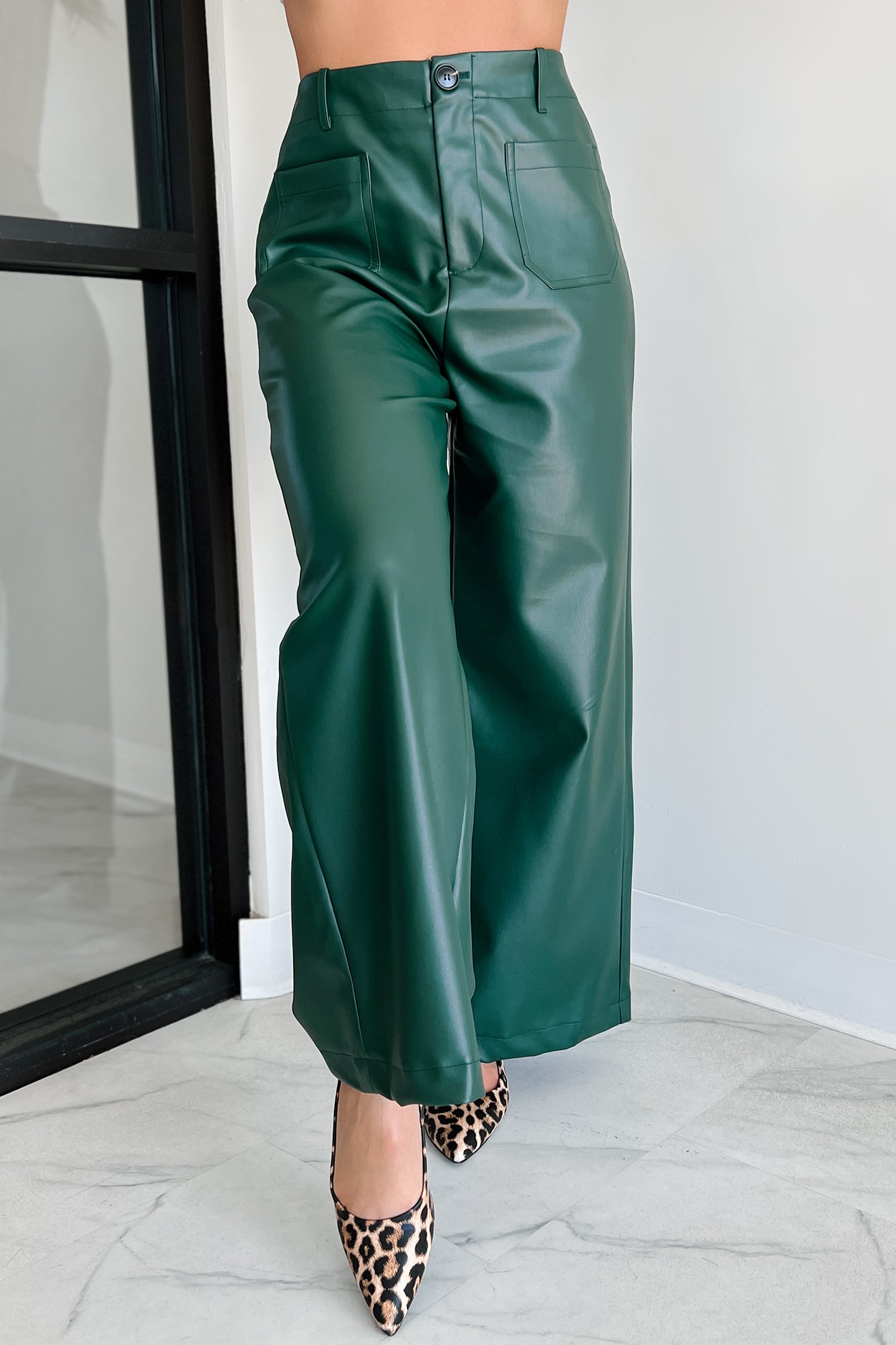 More Than Usual Wide-Leg Faux Leather Pant (Dark Green)