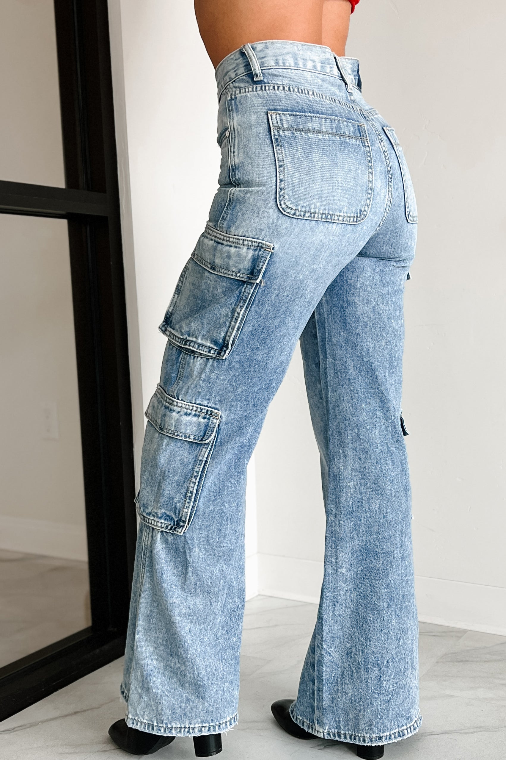 Betting On Myself High Rise Cross-Waist Cargo Jeans (Light) - NanaMacs