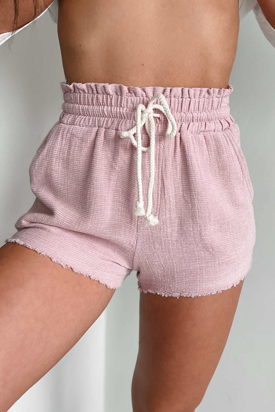 If You Can't Tell Frayed Drawstring Waist Shorts (Blush) - NanaMacs
