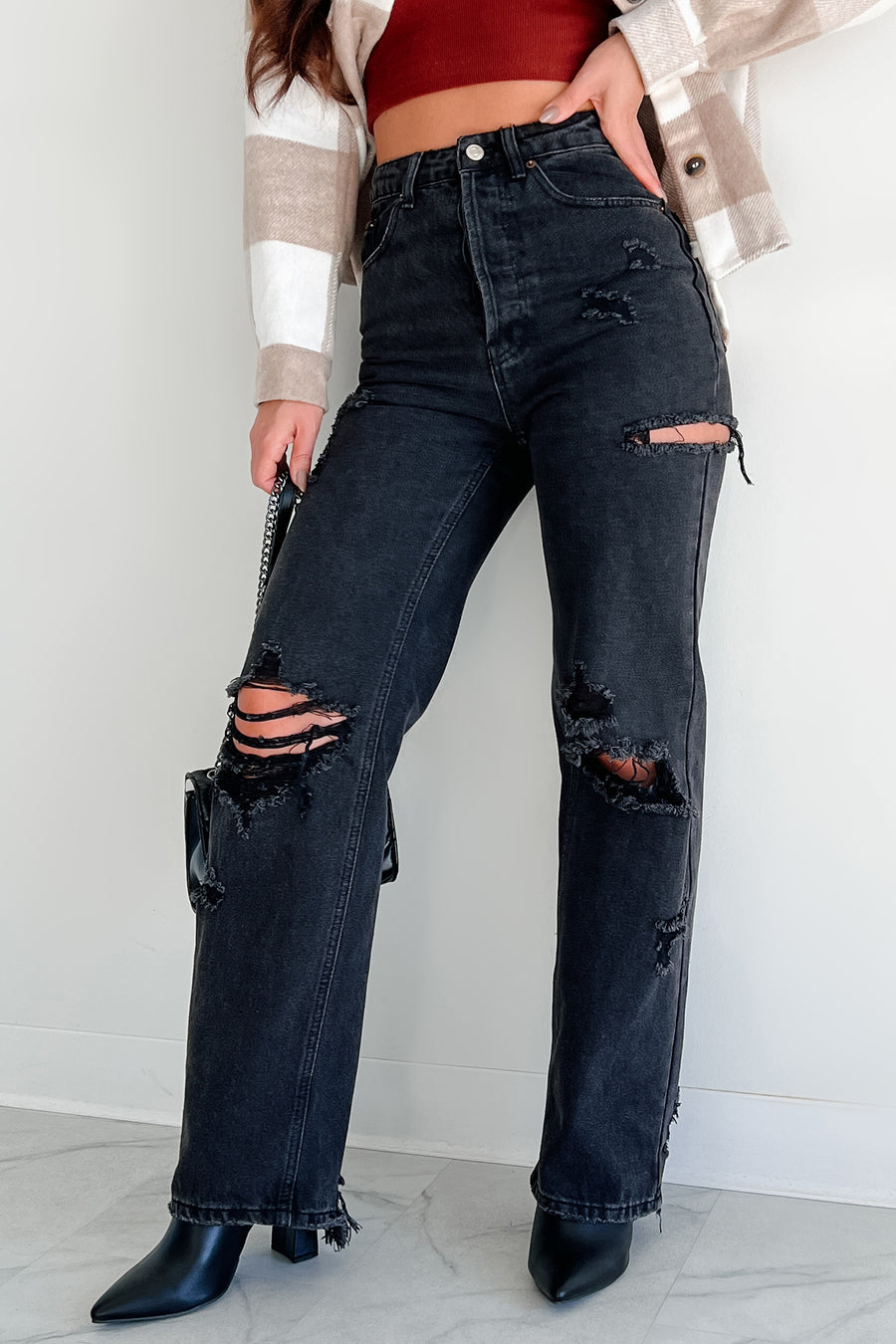 Huntsville High Rise Destroyed Straight Leg Jeans (Washed Black) - NanaMacs