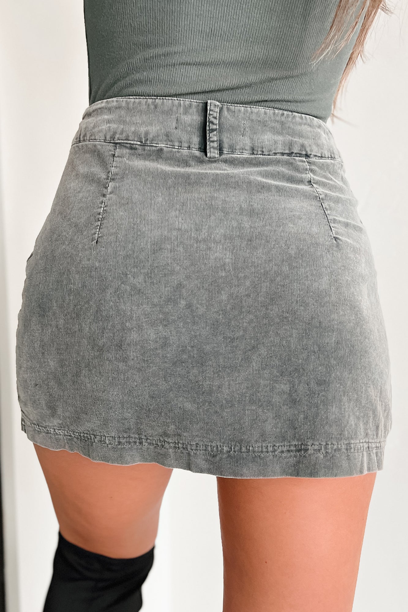 Giving You Credit Cargo Pocket Corduroy Mini Skirt (Washed Black) - NanaMacs