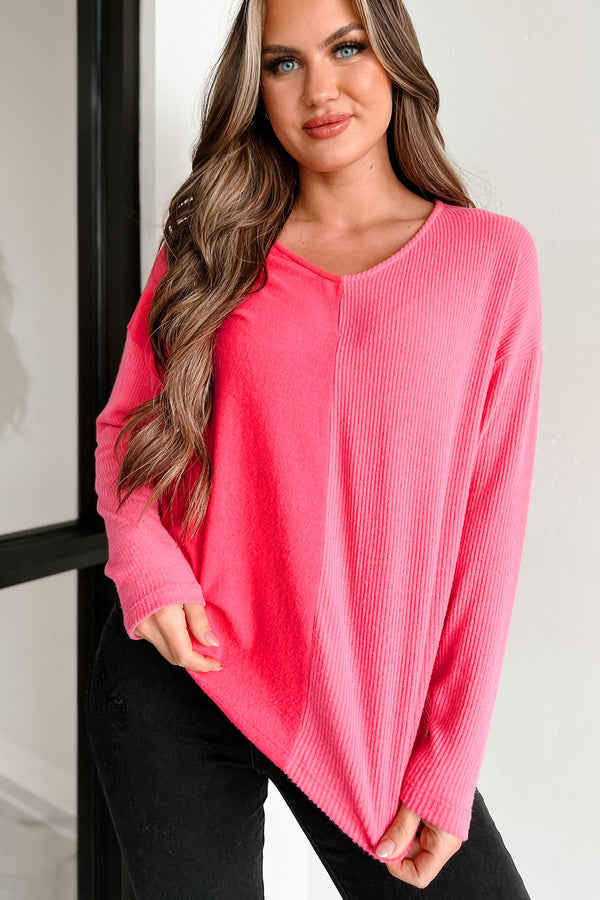 Meeting For Coffee Mixed Knit Long Sleeve Top (Pink) - NanaMacs