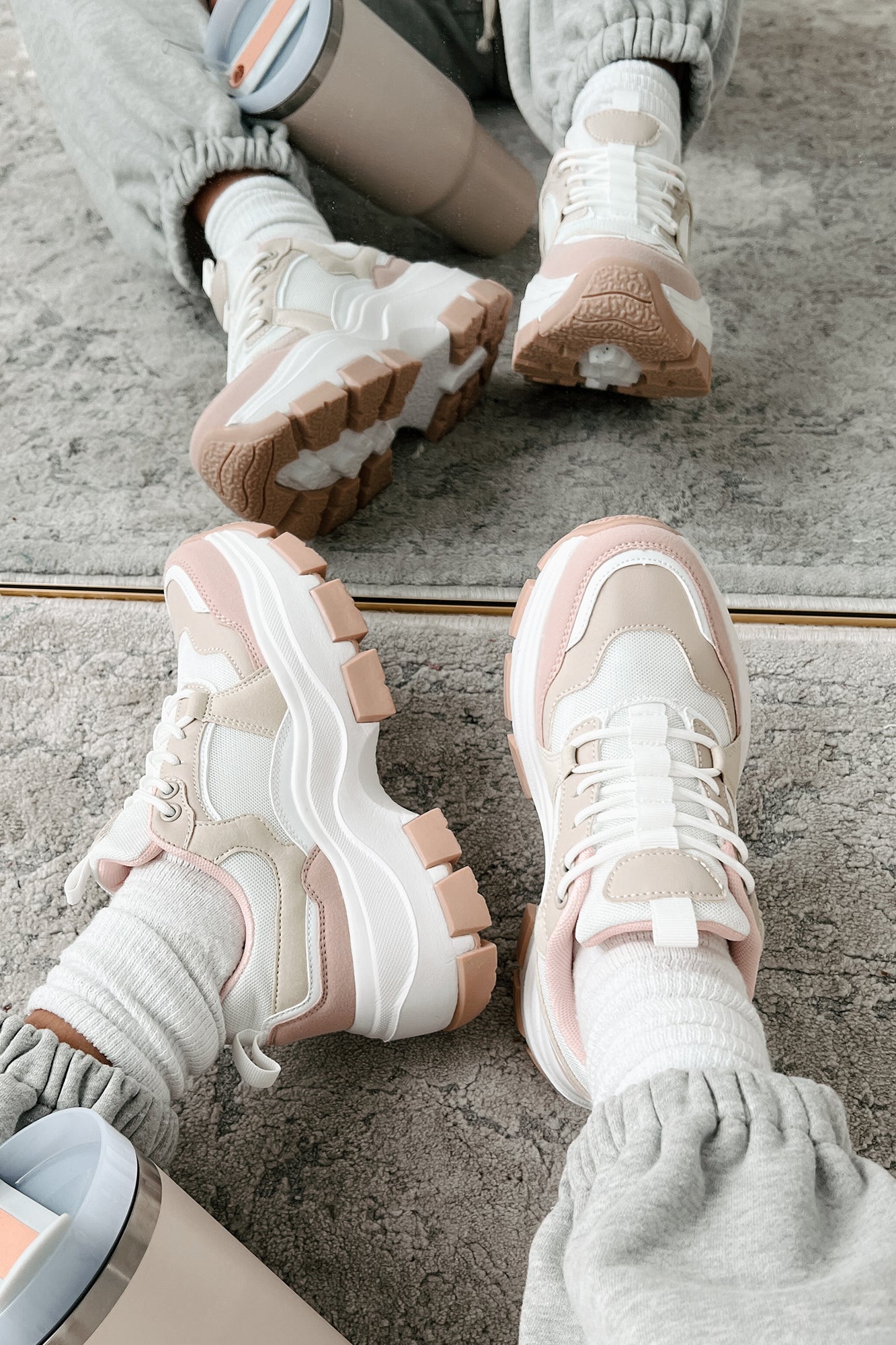 Ready To Bounce Chunky Platform Sneakers (Beige/Pink) - NanaMacs