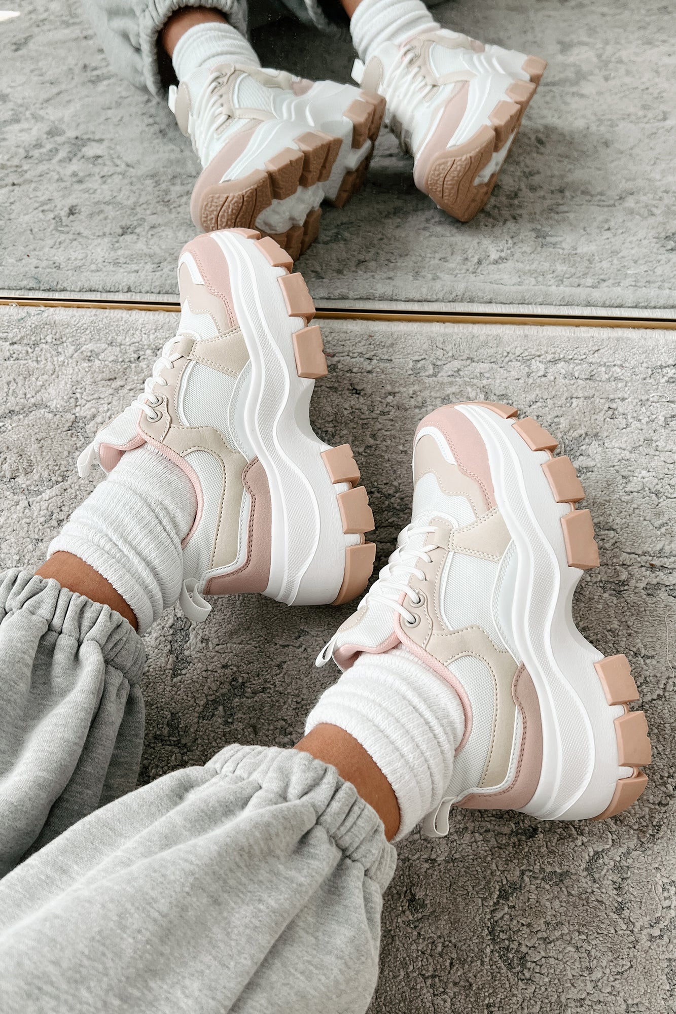 Ready To Bounce Chunky Platform Sneakers (Beige/Pink) - NanaMacs