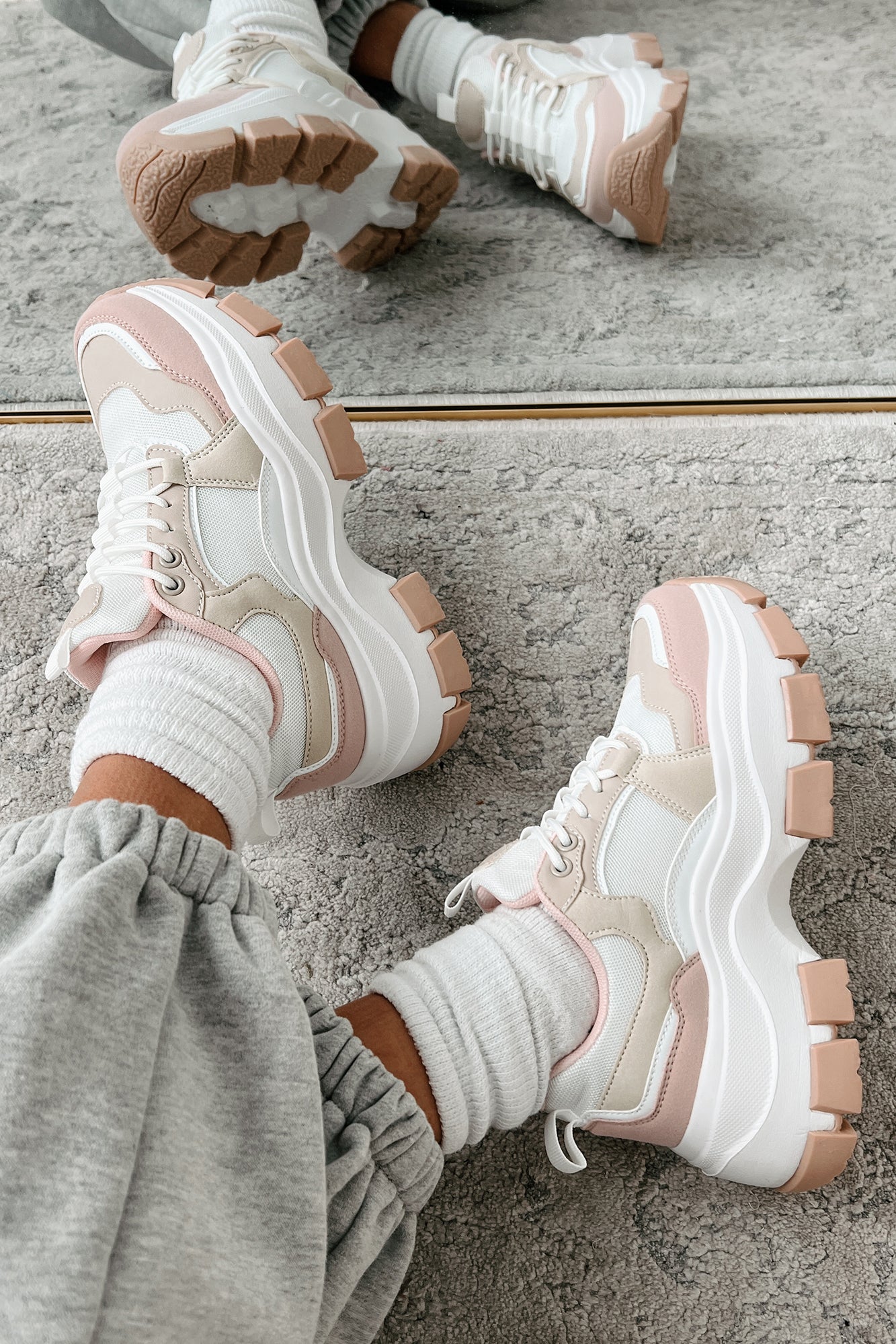 Ready To Bounce Chunky Platform Sneakers (Beige/Pink) - NanaMacs