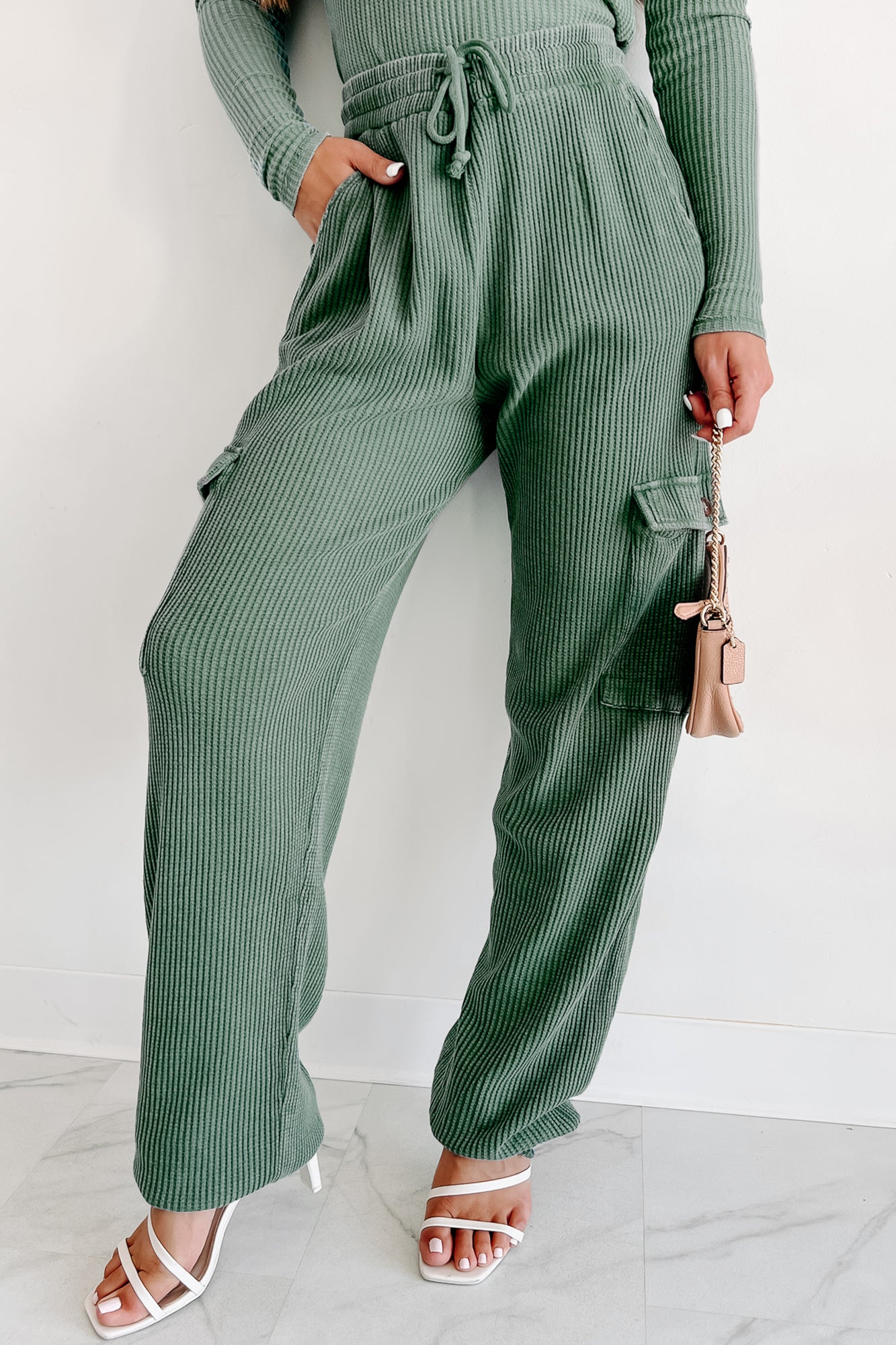 Leave Me Alone Cargo Waffle Knit Pants (Grey Green) - NanaMacs