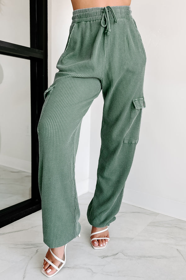 Leave Me Alone Cargo Waffle Knit Pants (Grey Green) - NanaMacs