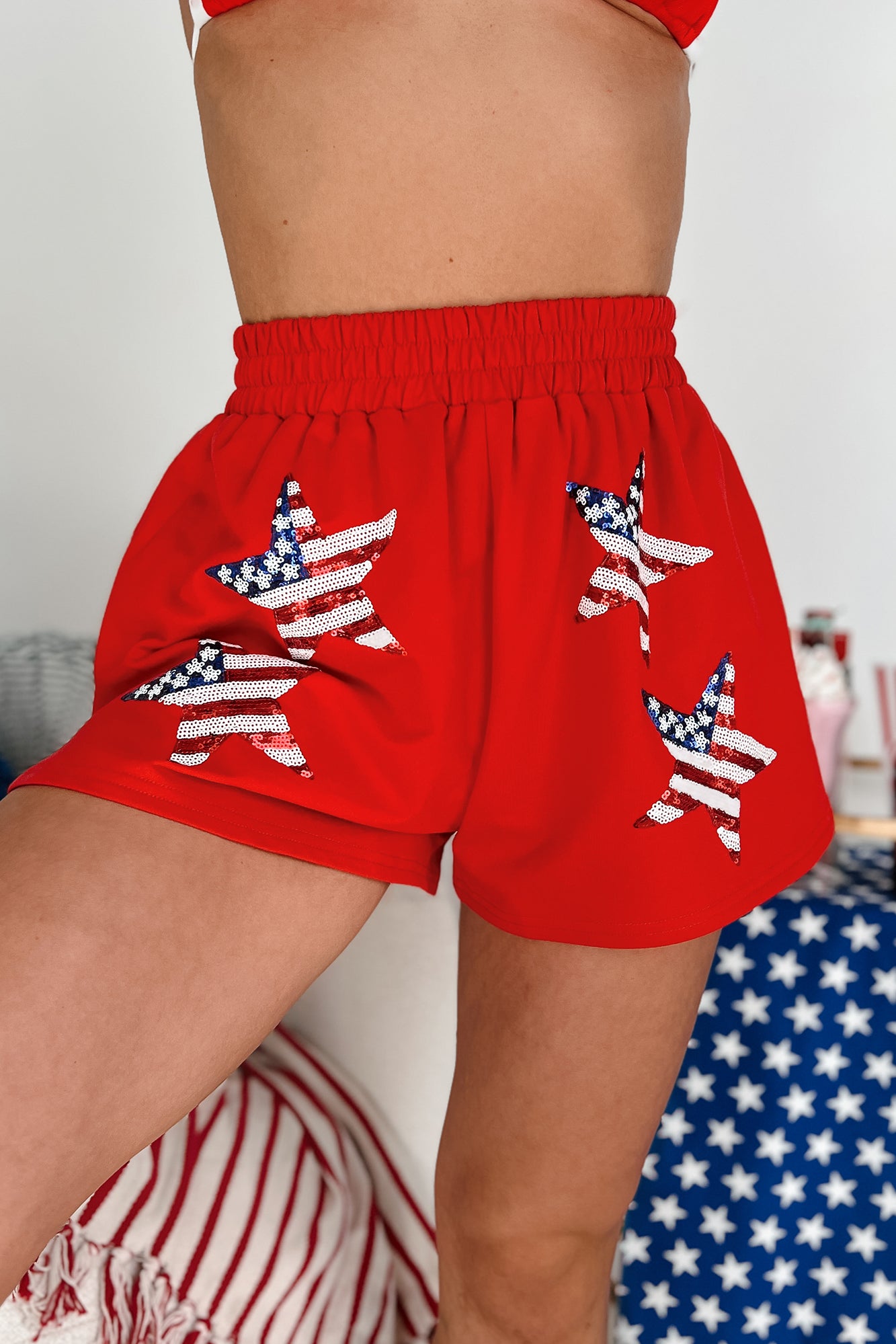 Patriotic Babe Sequin Star Shorts (Red) - NanaMacs