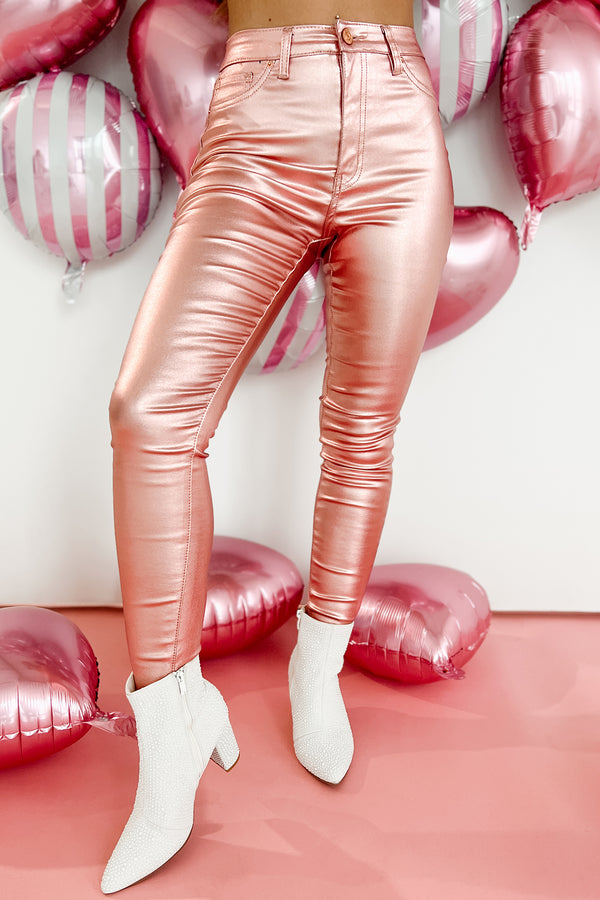 See Me Shining Metallic Skinny Jeans (Rose Pink) - NanaMacs