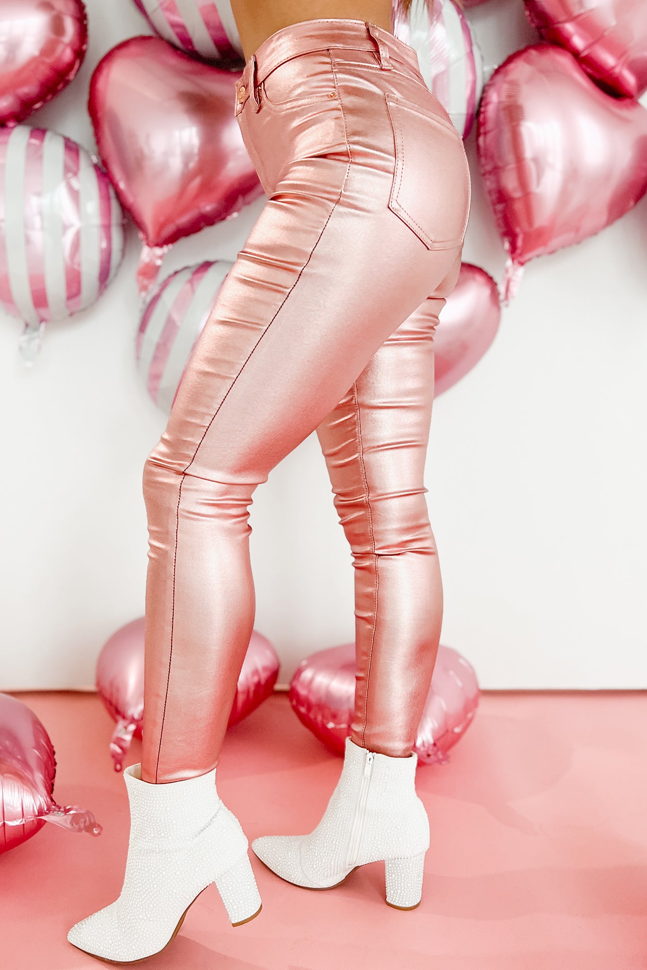 See Me Shining Metallic Skinny Jeans (Rose Pink) - NanaMacs