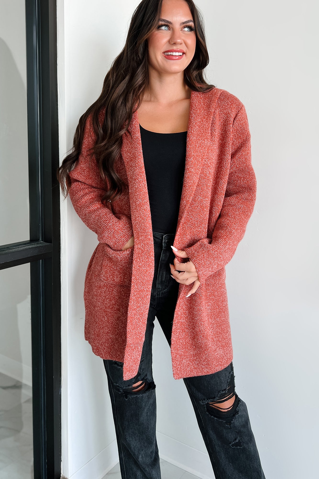 Cue The Cuddles Zenana Hooded Cardigan (Heather Rust) - NanaMacs