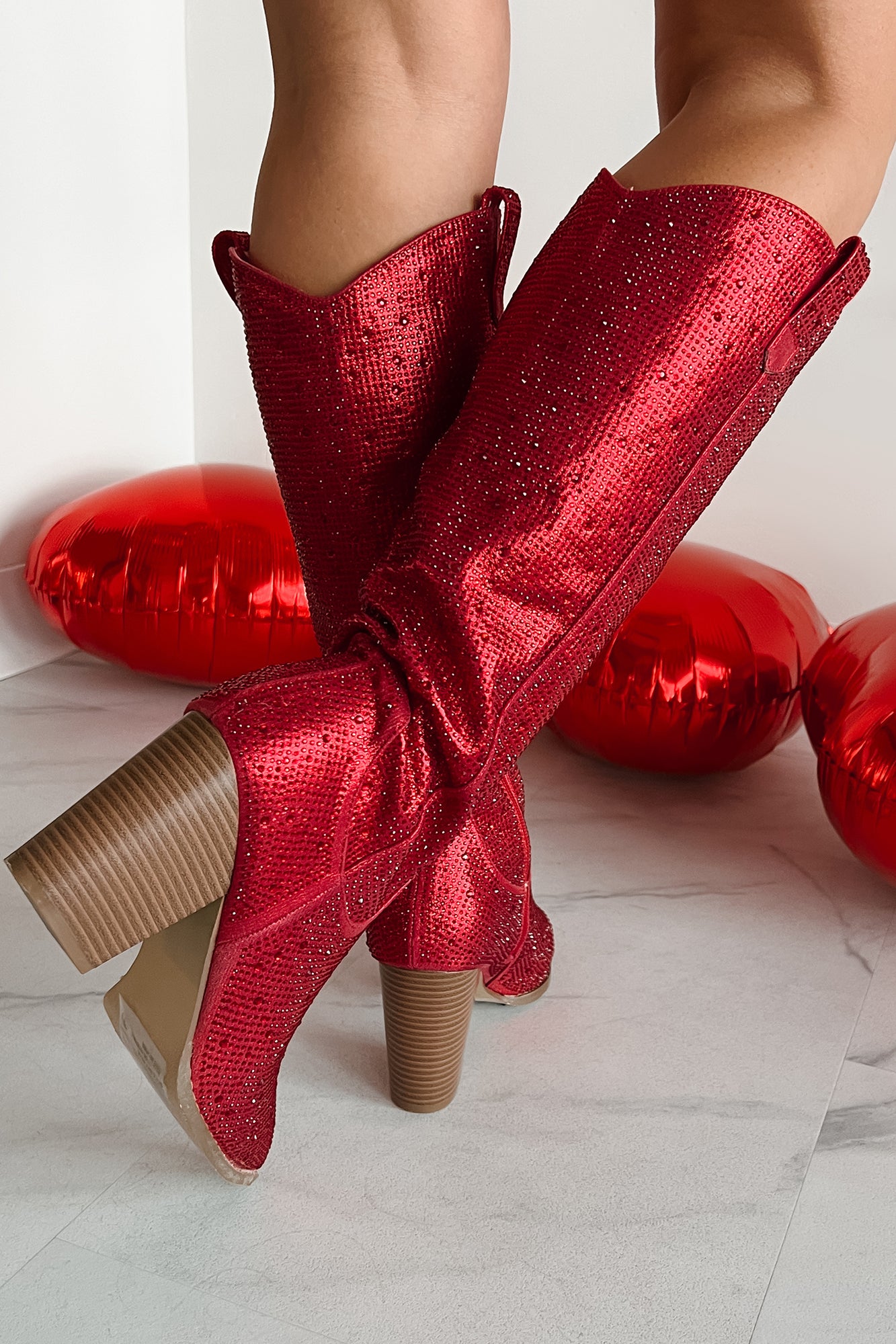 Daring Diva Rhinestone Tall Boots (Red) - NanaMacs