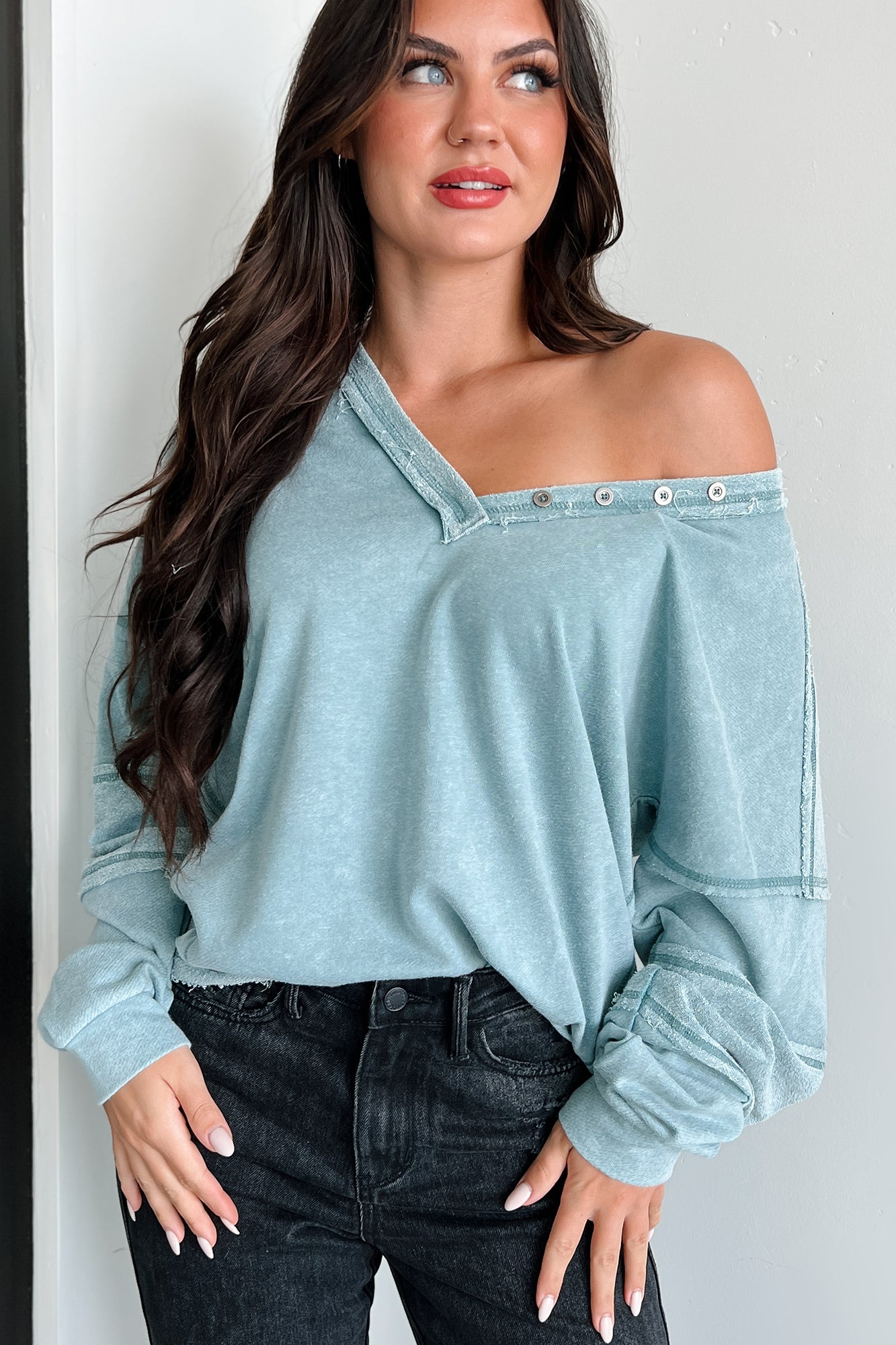 Samson Raw Edged Oversized Long Sleeve Top (Sage) - NanaMacs