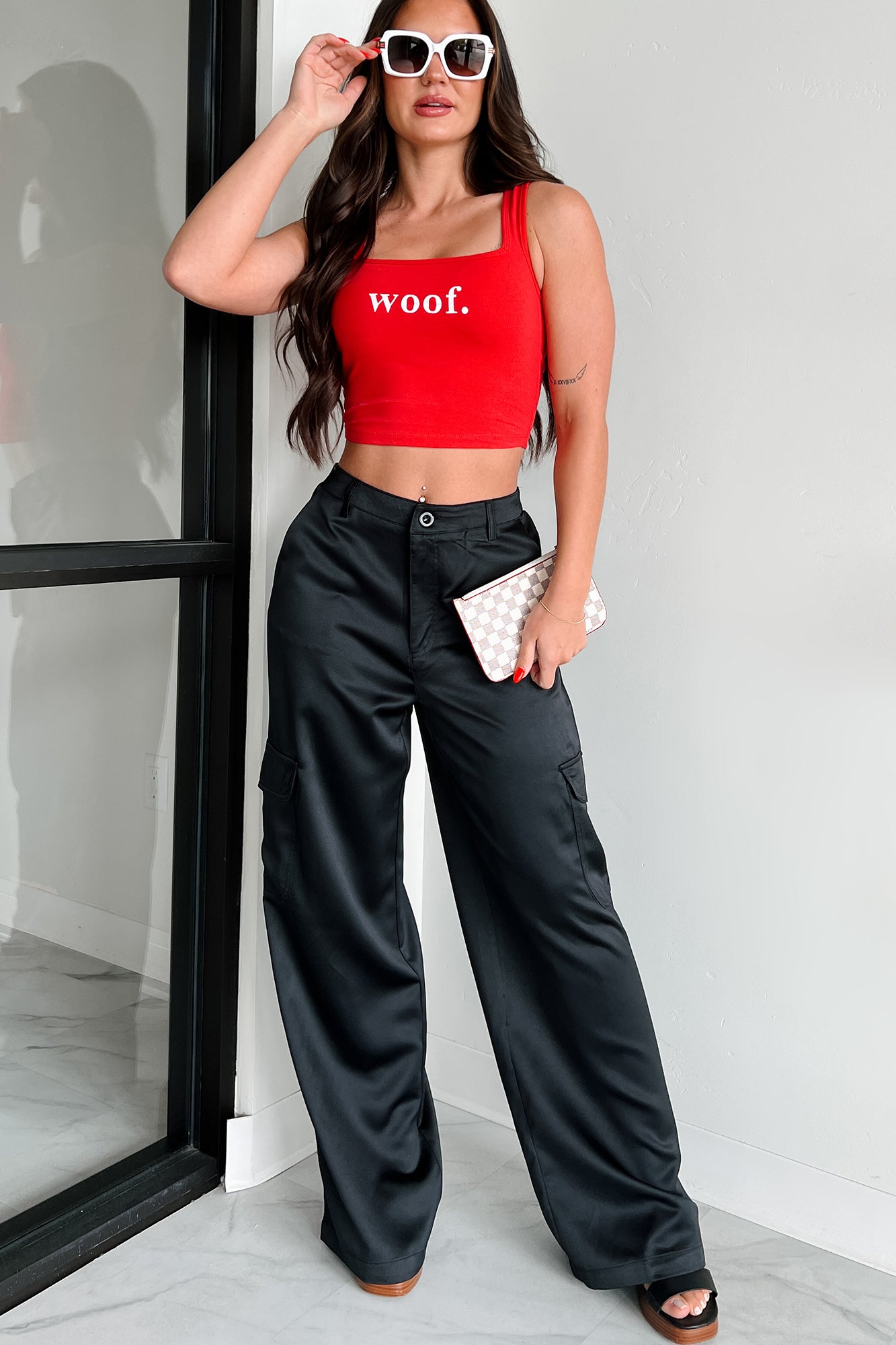 "Woof." Square Neck Crop Top (Red) - NanaMacs