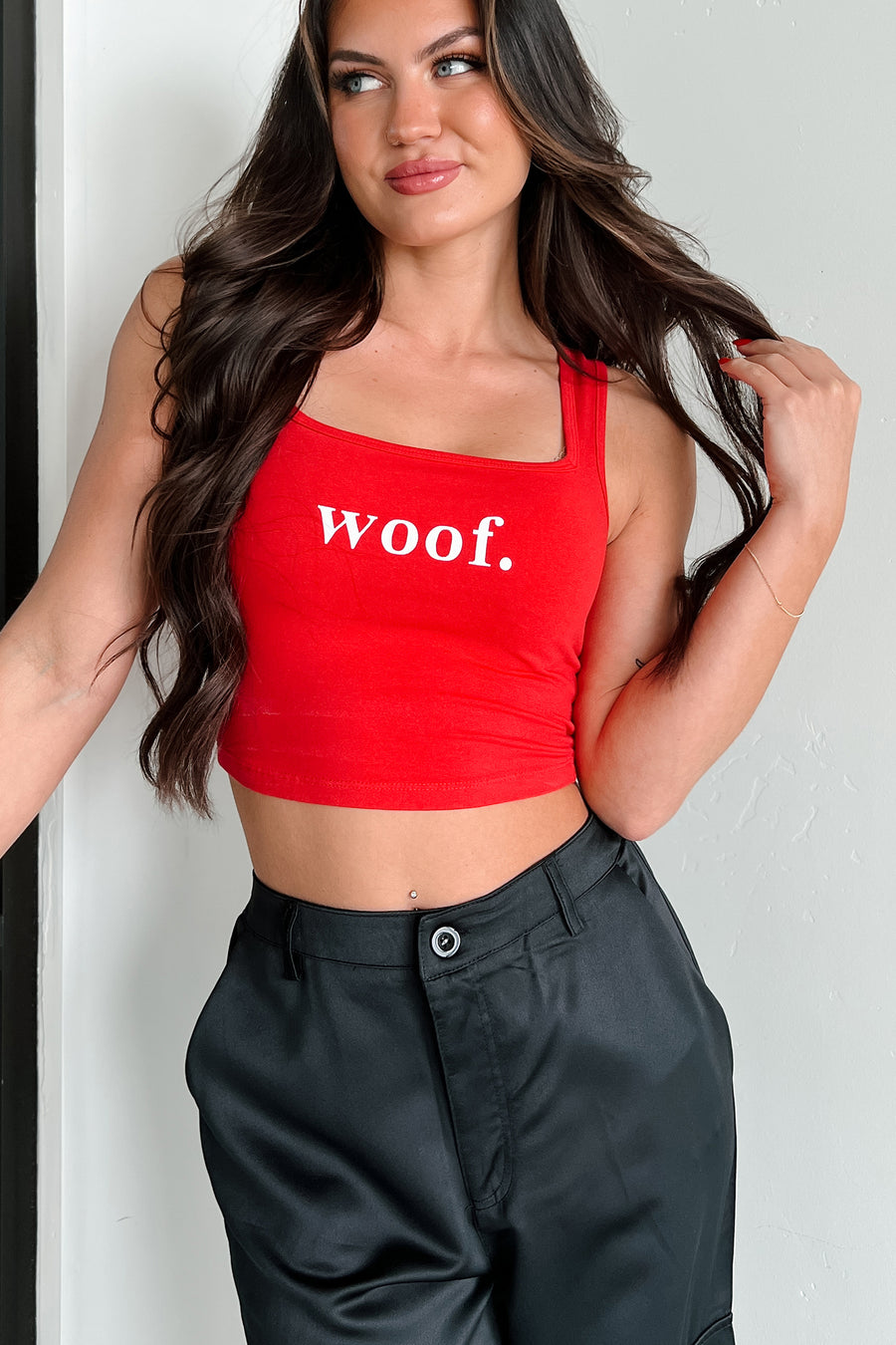 "Woof." Square Neck Crop Top (Red)