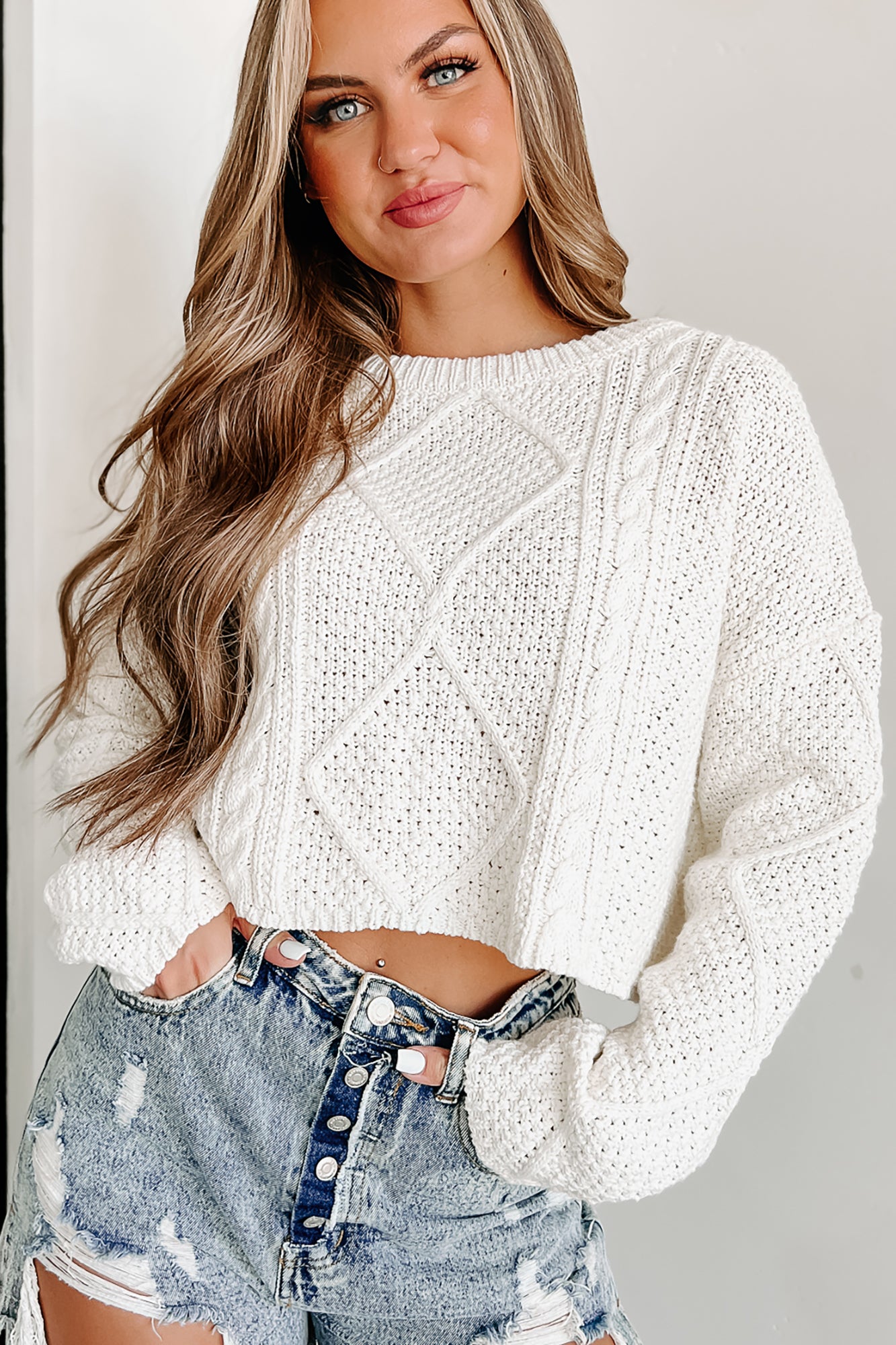 Something To Think About Cable Knit Crop Sweater (Ivory) - NanaMacs