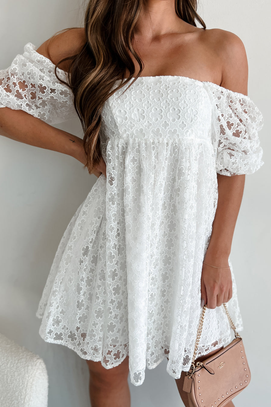 Simply Fetching Lace Mini Dress (White Floral)