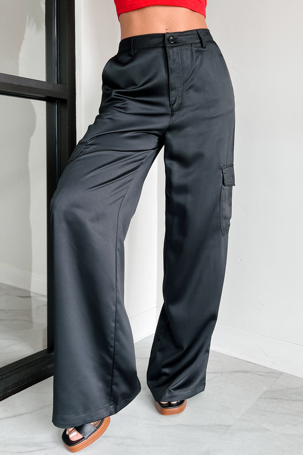 Clearing The Air Wide Leg Satin Cargo Pants (Black) - NanaMacs