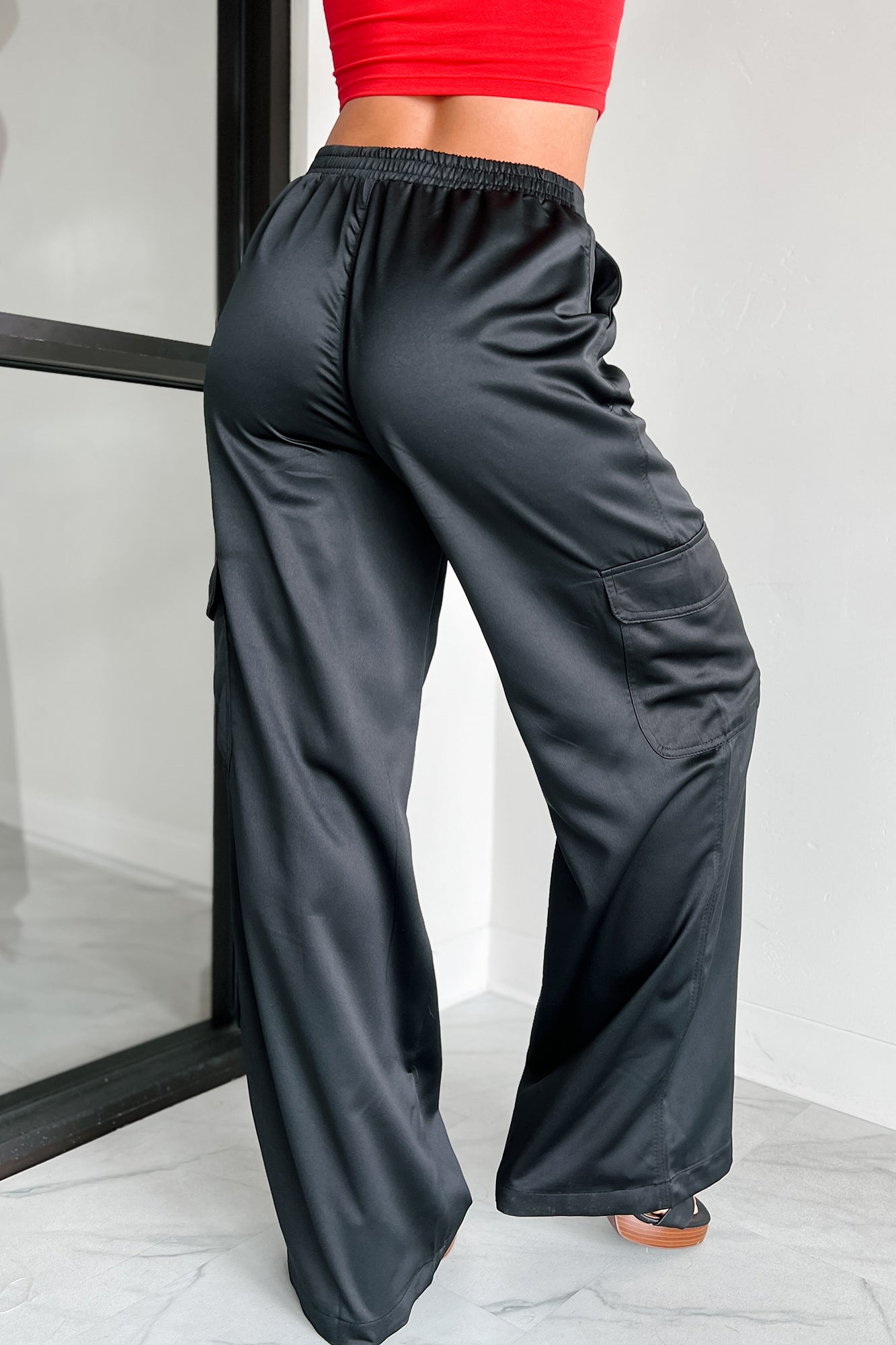 Clearing The Air Wide Leg Satin Cargo Pants (Black) - NanaMacs