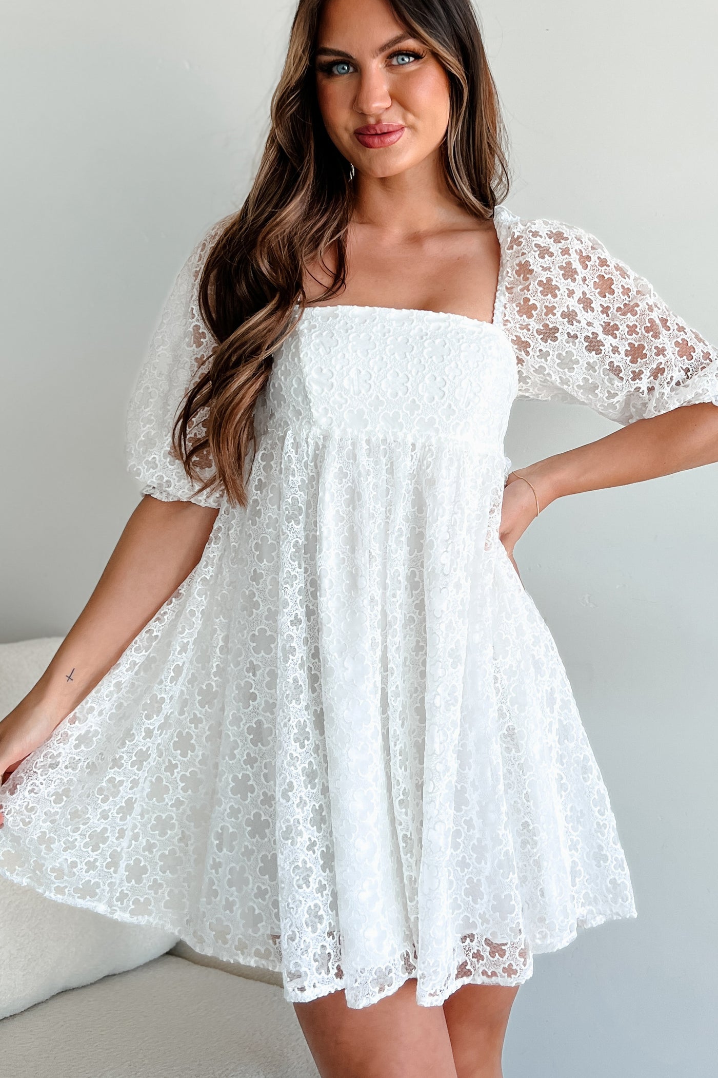 Simply Fetching Lace Mini Dress (White Floral) - NanaMacs