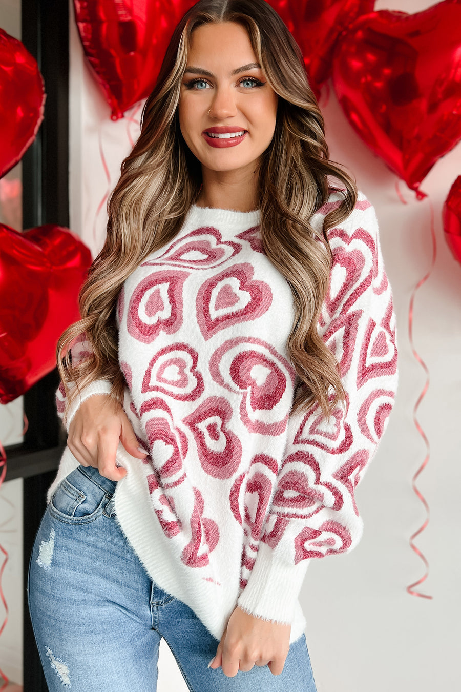 Crazy About Love Retro Hearts Mohair Sweater (Ivory/Pink) - NanaMacs