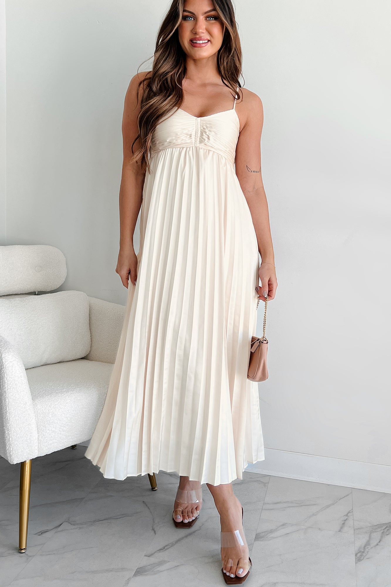 Essential Chicness Pleated Satin Dress (Champagne) · NanaMacs