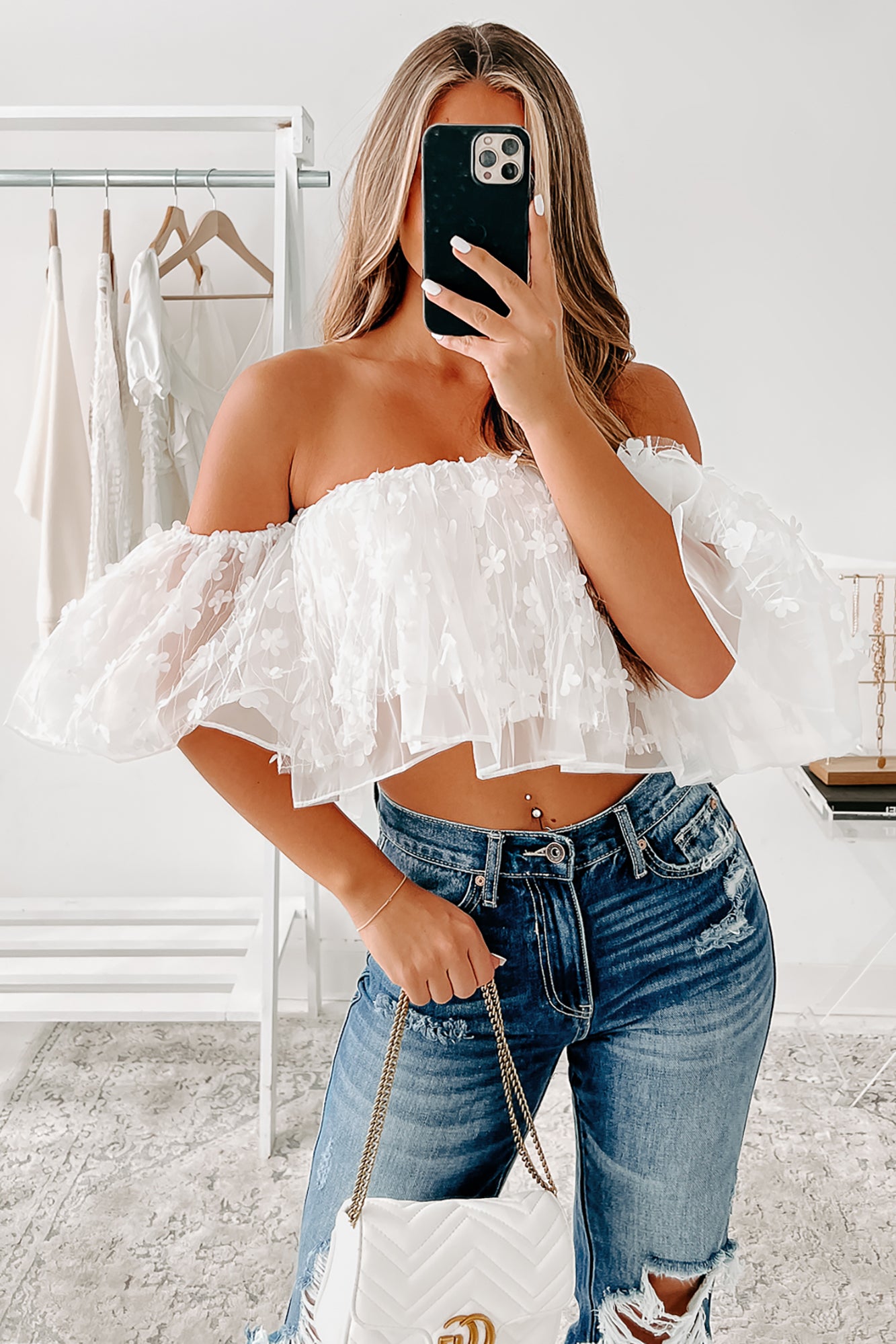 Paula Off The Shoulder Ruffle Floral Crop Top (Off White) - NanaMacs