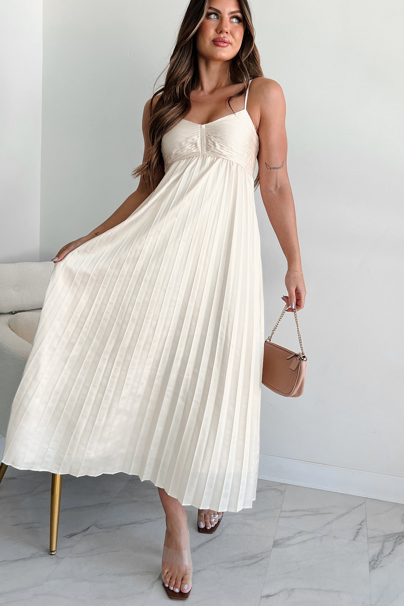 Essential Chicness Pleated Satin Dress (Champagne) NanaMacs Essential Chicness Pleated Satin Dress (Champagne) NanaMacs
