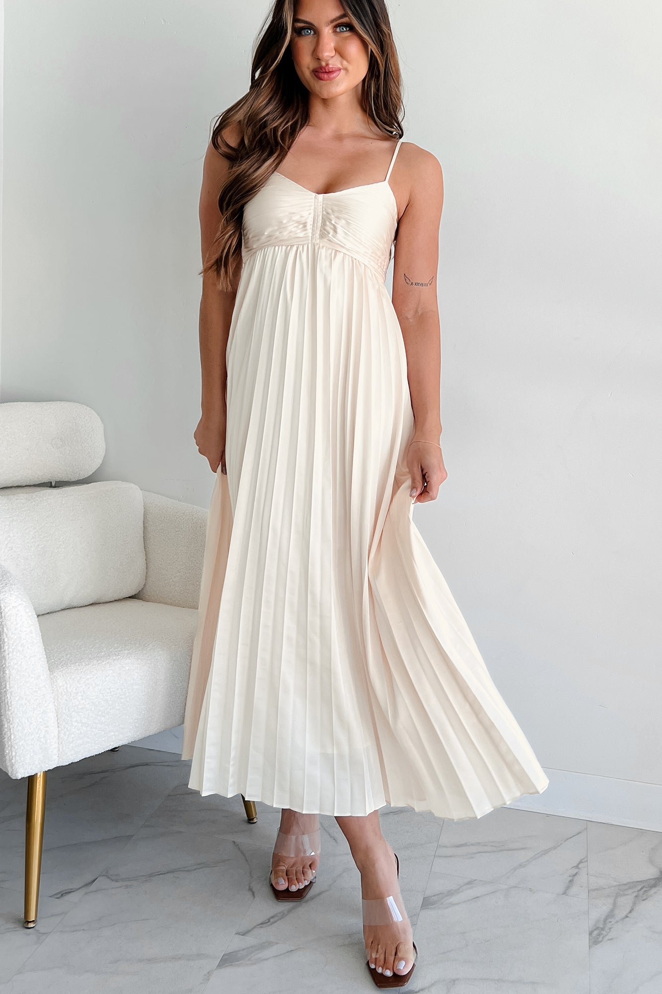 Essential Chicness Pleated Satin Dress (Champagne) NanaMacs Essential Chicness Pleated Satin Dress (Champagne) NanaMacs