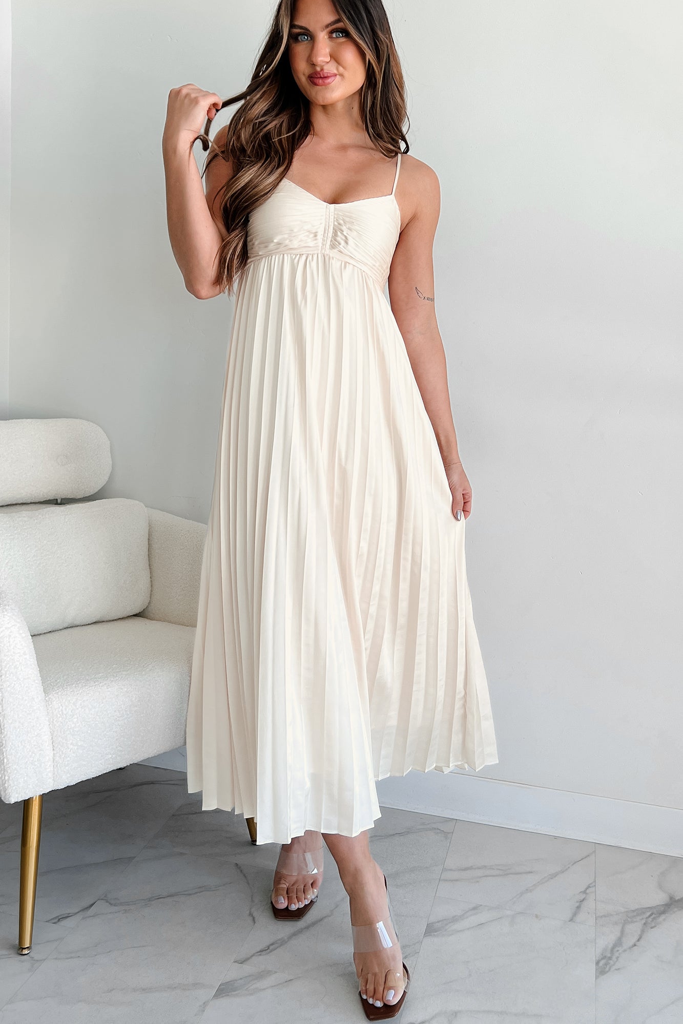 Essential Chicness Pleated Satin Dress (Champagne) · NanaMacs Essential Chicness Pleated Satin Dress (Champagne) · NanaMacs