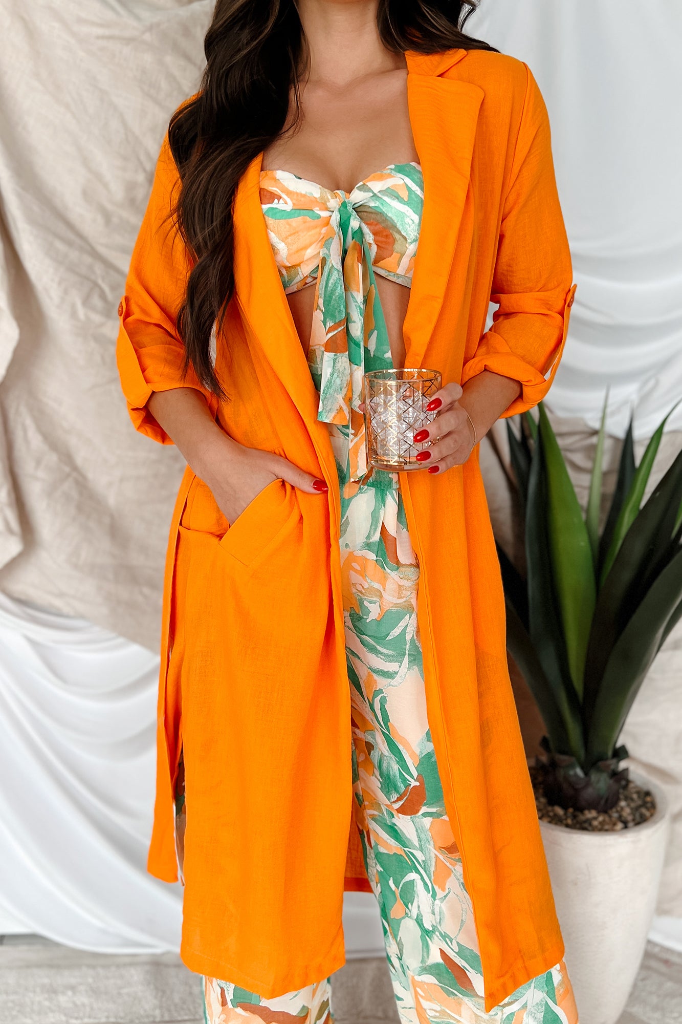 Live Colorfully Tie-Waist Linen Trench Coat (Orange) - NanaMacs