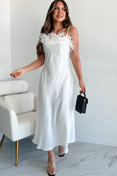 Birds Of Paradise Faux Feather Trim Midi Dress (Ivory) · NanaMacs