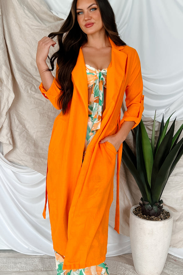 Live Colorfully Tie-Waist Linen Trench Coat (Orange) - NanaMacs