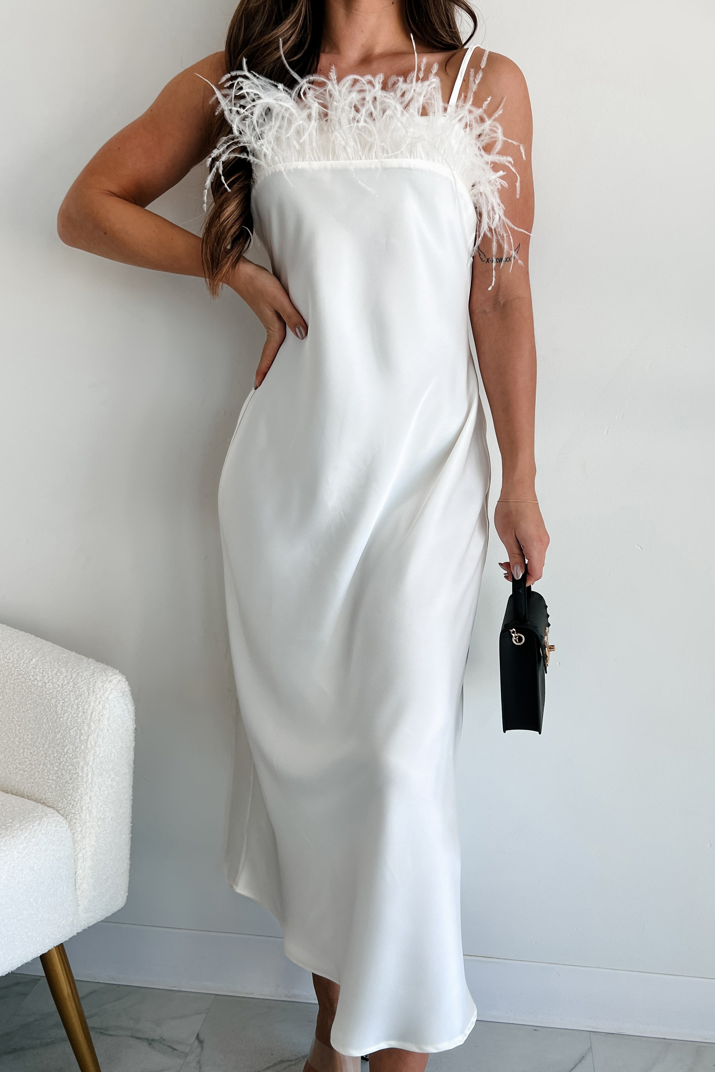 satin feather trim midi dress Sleeper Boheme Slip dress with Feathers in White