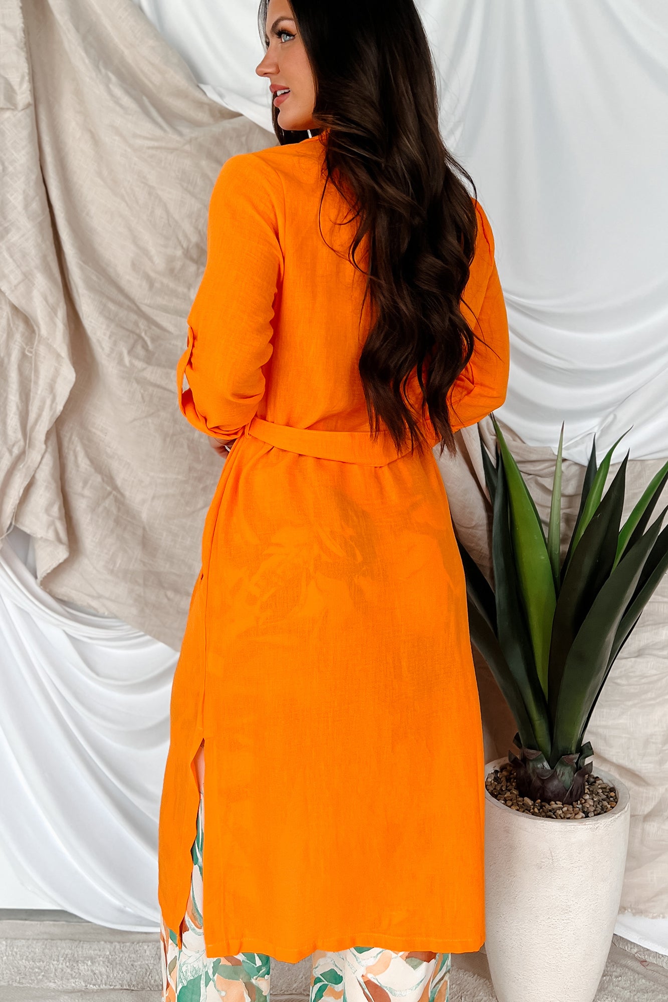 Live Colorfully Tie-Waist Linen Trench Coat (Orange) - NanaMacs