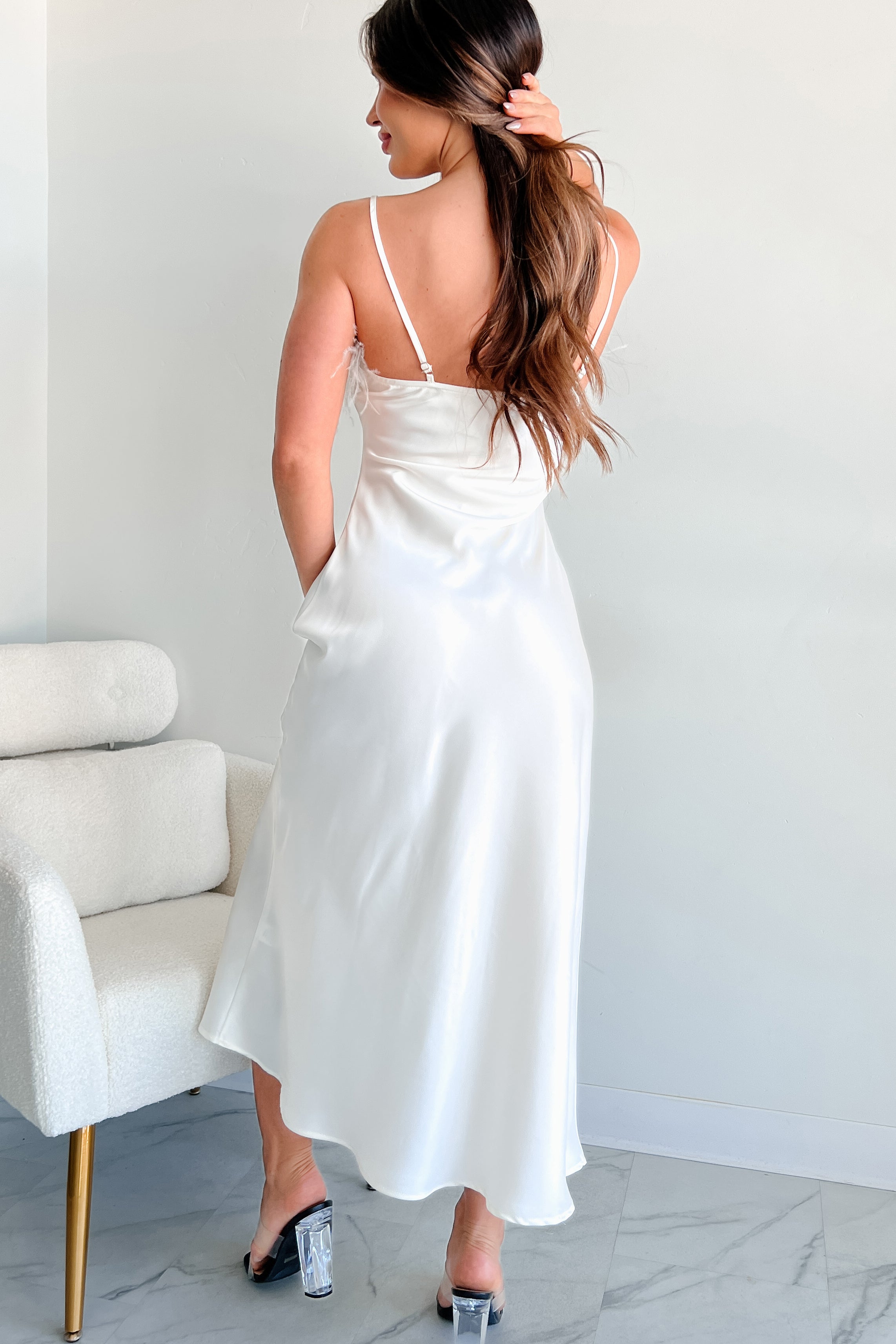 satin feather trim midi dress Sleeper Boheme Pink Satin Feather Trim Midi Slip Dress House Of Huntington