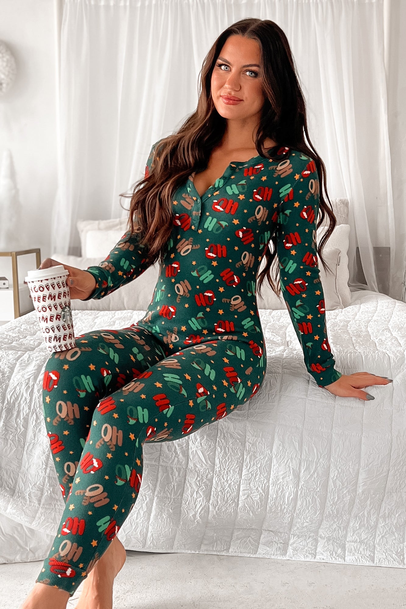 My Soul Santa Printed Waffle Knit Onesie Jumpsuit (Green) - NanaMacs