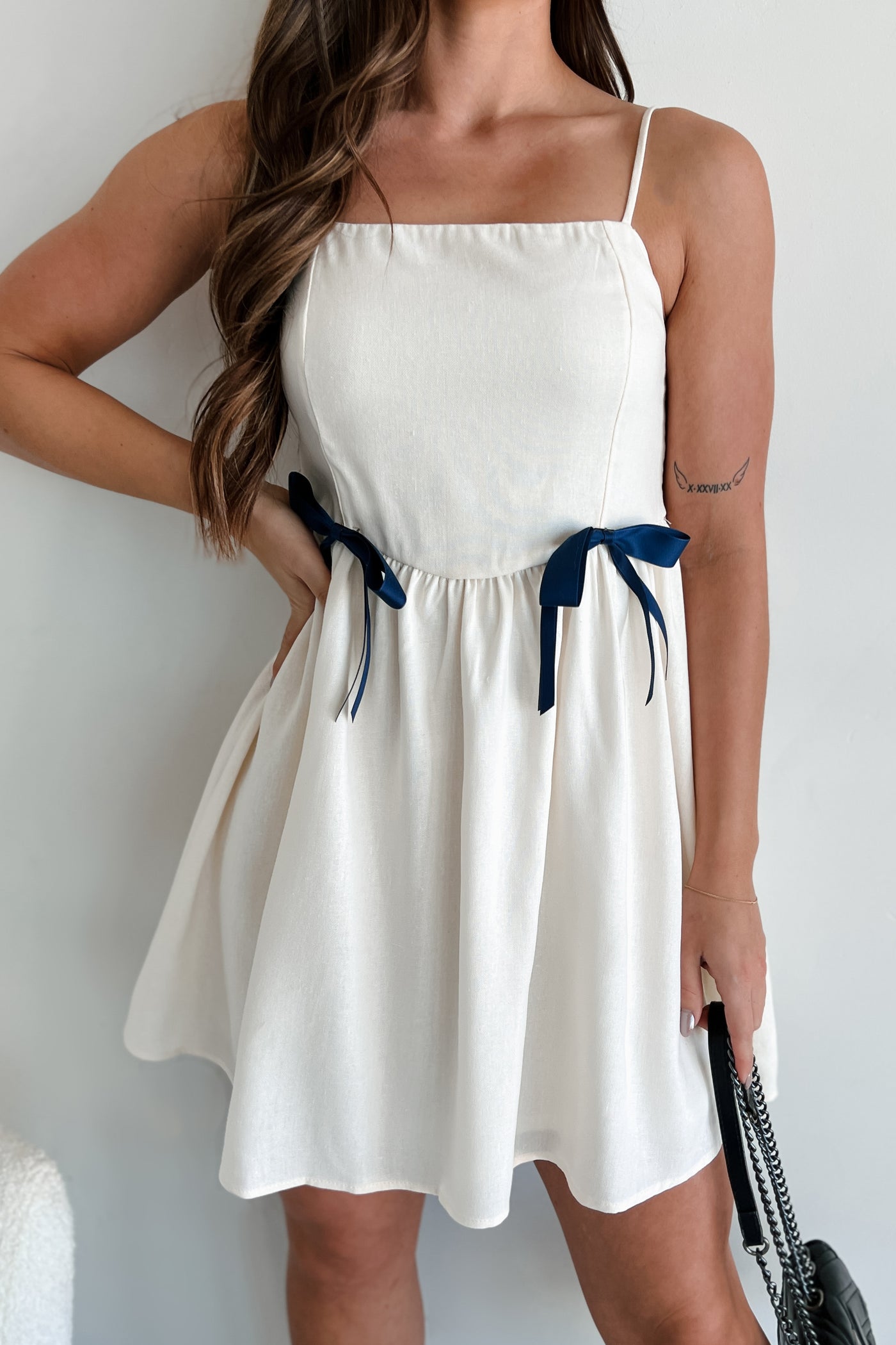 Truly Darling Ribbon Bow Linen Mini Dress (Oatmeal/Navy) - NanaMacs