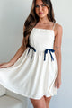 Truly Darling Ribbon Bow Linen Mini Dress (Oatmeal/Navy) - NanaMacs