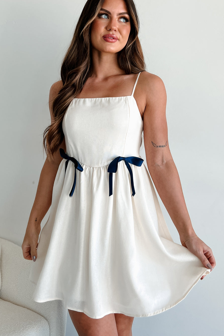 Truly Darling Ribbon Bow Linen Mini Dress (Oatmeal/Navy)