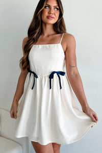 Truly Darling Ribbon Bow Linen Mini Dress (Oatmeal/Navy) - NanaMacs