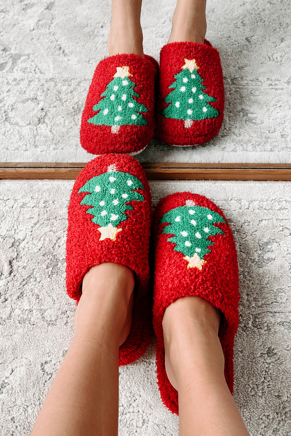 Doing Just Pine Fuzzy Christmas Tree Slippers (Red) - NanaMacs