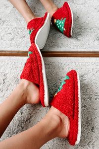 Doing Just Pine Fuzzy Christmas Tree Slippers (Red) - NanaMacs