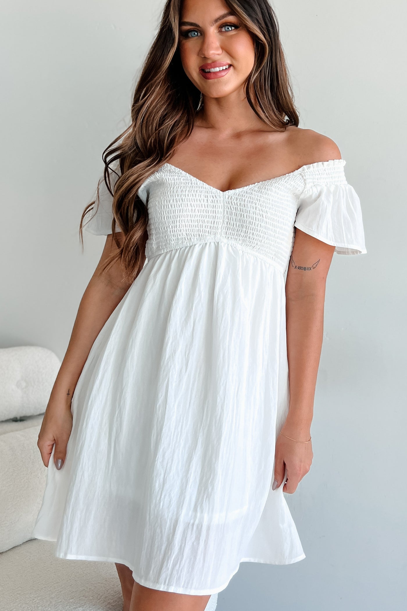 Memorable Crush Smocked Babydoll Dress (White) - NanaMacs