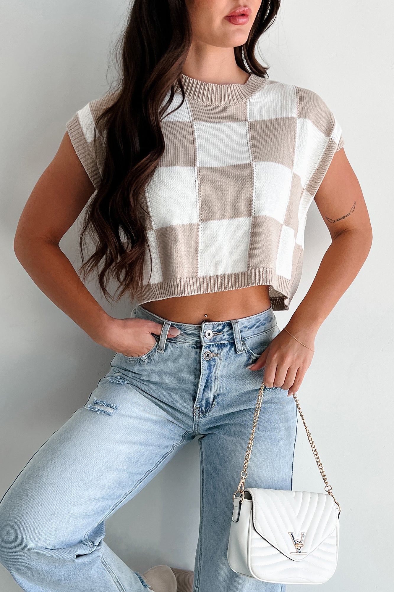 Finding My Zen Checker Knit Top (Taupe) - NanaMacs